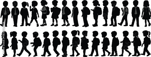 School children silhouette vector, walking students in uniform, backpack kids illustration, educational design element, black and white classroom concept art