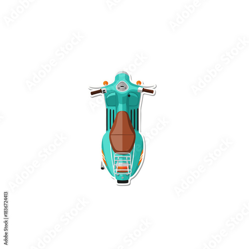 Turquoise Retro Scooter With Brown Seat Parked Outdoors On A Black Background With White Outline And Orange Accents Ready For Travel Transportation
