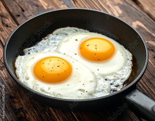 Two sunny-side-up eggs in a frying pan on rustic wooden surface
