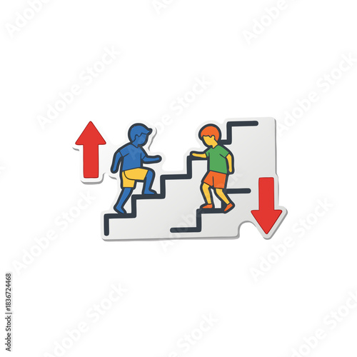 Two children climbing stairs with red up and down arrows indicating movement and direction on a white background with a slight shadow effect