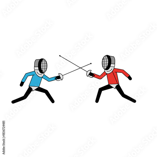 Two Fencers One in Blue Uniform the Other in Red Engage in a Duel Against a Stark Black Background Representing a Competitive Sport