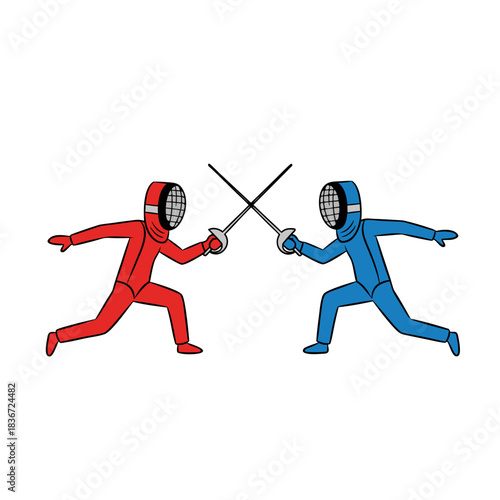 Two Fencers One Red and One Blue Engaged in a Sword Fight With Their Swords Crossed Against a Black Background