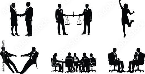 Business and Negotiation Silhouette Vector Set, Handshake Meeting Teamwork Conflict Success Legal Justice Balance, Professional Corporate People Black and White Collection.