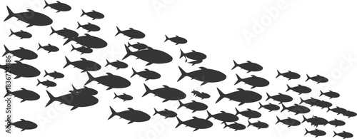 School of fish vector illustration, marine life silhouettes, underwater movement pattern, ocean wildlife design, aquatic harmony, nature-inspired graphic art