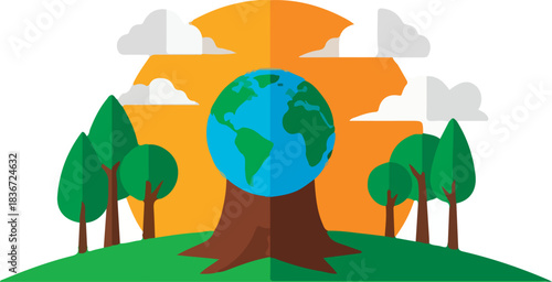 Stunning environmental logo design featuring the Earth nestled in a vibrant tree silhouette at sunset