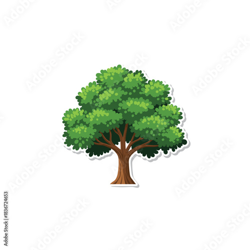 Vibrant Green Leafy Tree with Thick Brown Trunk and Spreading Branches Set Against a Stark Black Background Isolated Illustration