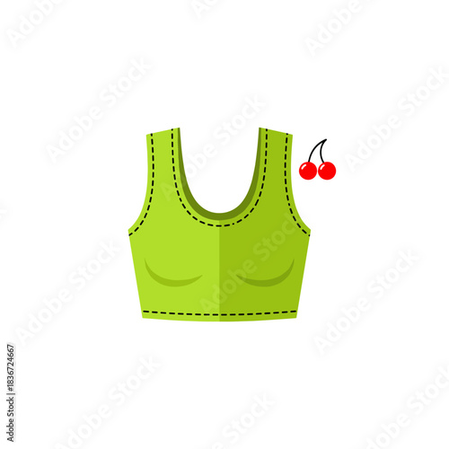 Vibrant Lime Green Sports Bra with Dashing Black Stitching and Two Red Cherries Accent on a Stark Black Background Perfect for Athleisure Wear