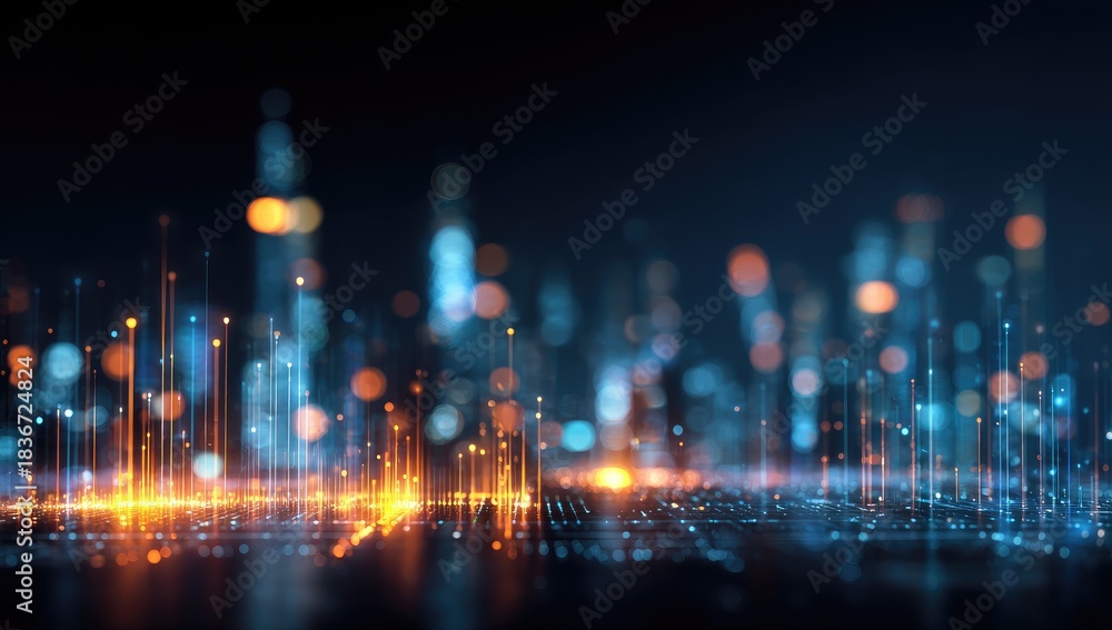 Fototapeta premium Abstract glowing lights and digital streams forming a futuristic city