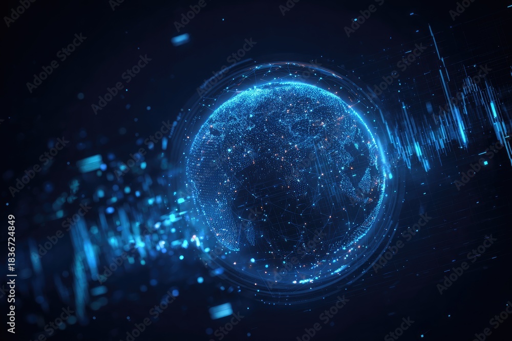 Obraz premium Glowing digital sphere with data streams and pulsating energy against dark background