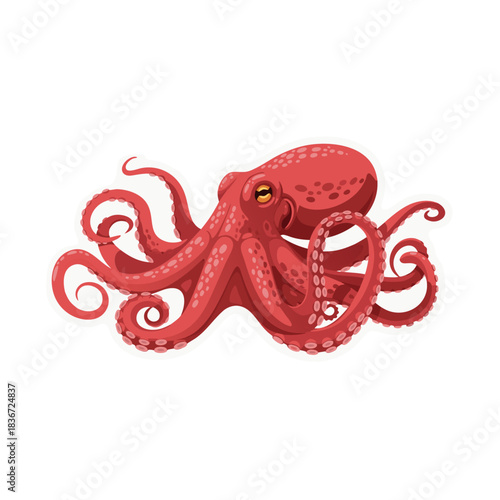 Vibrant Red Octopus With Yellow Eyes Sprawling Its Tentacles Underwater Realistic Illustration