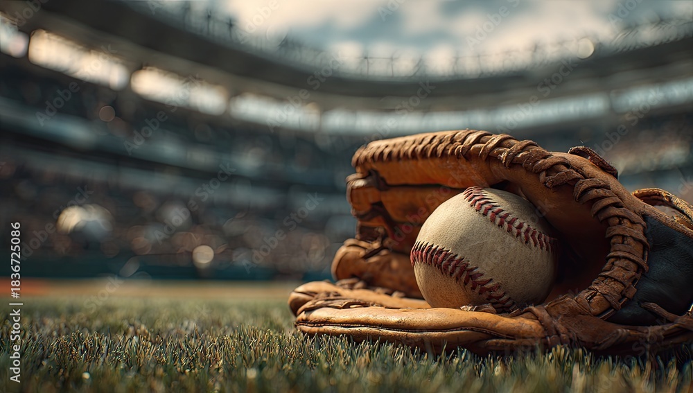 Fototapeta premium A baseball rests in a leather glove on a grassy field at a stadium