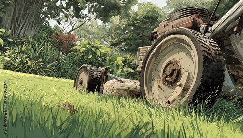 An old, rusty lawnmower sits abandoned in overgrown grass