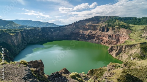 Breathtaking view of a green crater lake surrounded by mountains and clear sky