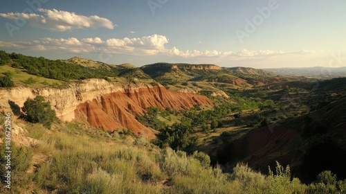 Scenic landscape of layered red rock formations and verdant hills under a blue sky