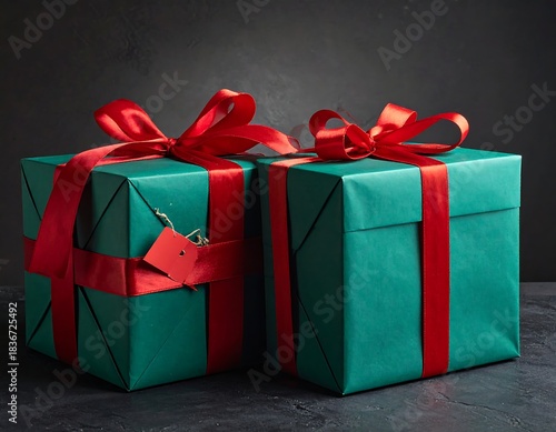 Two wrapped boxes with red ribbons and bows on a dark background