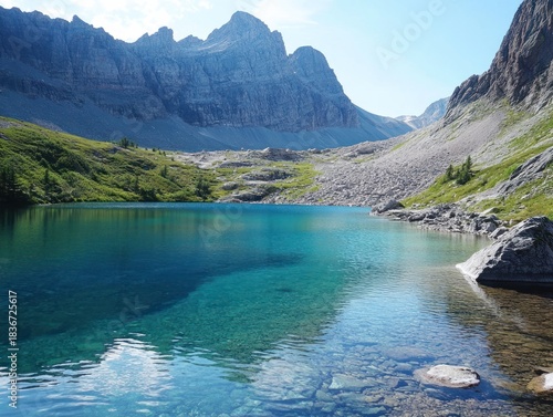 A breathtaking view of a clear turquoise lake surrounded by majestic mountains and lush green hills