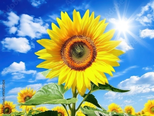 A vibrant sunflower field basks under the bright sun against a blue sky with fluffy clouds
