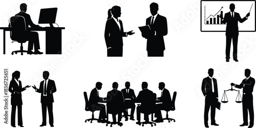Business People Silhouette Vector Set, Corporate Team Meeting Presentation Negotiation Legal Justice Office Work, Black and White Professional Worker Collection.