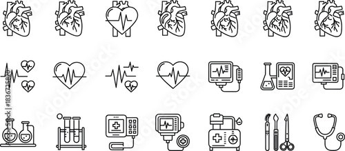 Cardiology and Heart Health Line Art Icon Set for Medical Examination, Pulse Rate, Heartbeat, Monitoring, Surgery, and Healthcare Vector Collection
