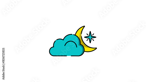 A colorful cartoon illustration depicting a blue cloud, a yellow crescent moon, and a sparkling blue star on a white background.