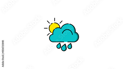 Cartoon illustration of a sun and a blue cloud with raindrops falling, depicting showery weather.