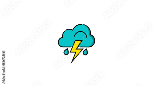 Stylized icon of a teal cloud with blue raindrops and a yellow lightning bolt, representing a thunderstorm.