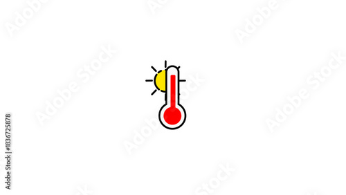 Simple graphic icon of a red thermometer next to a yellow sun indicating hot weather.