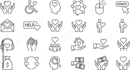 Charity, donation, and volunteering line icons set, covering concepts like philanthropy, helping hands, disabled support, heart health, monetary donation, support, and community assistance, isolated 