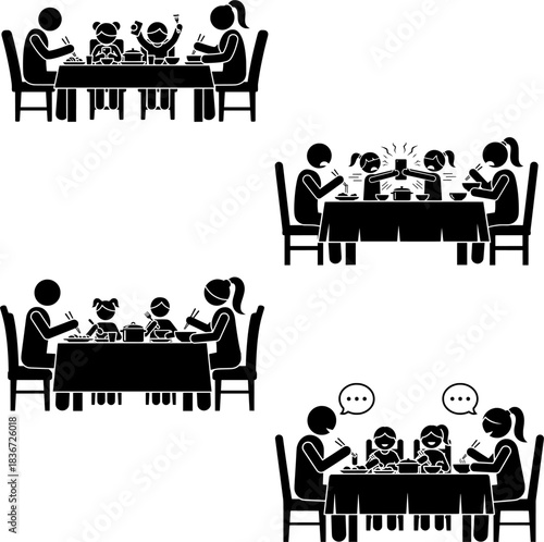 Parents and Children Eating, Talking, and Celebrating Meal Together Pictograms