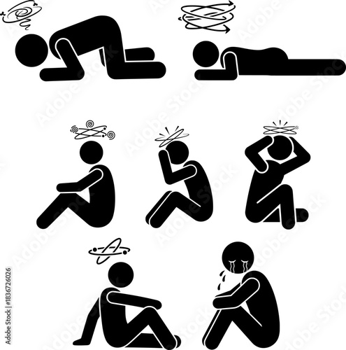 Dizziness and Vertigo Sick Headache Syndrome Stick Figure Icon Set