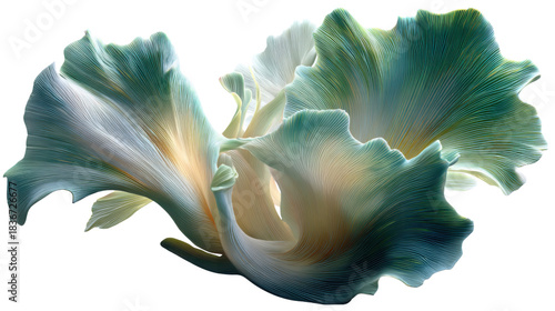 Abstract teal and yellow fungal gills creating an organic texture with a flowing, ethereal shape on a transparent background