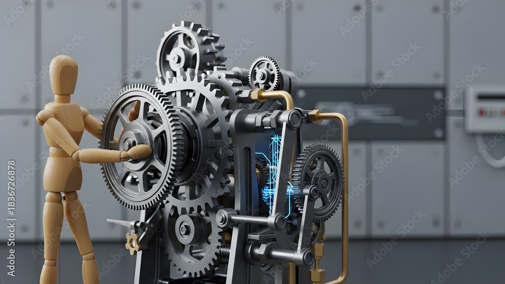 Fototapeta premium 歯車を持ちシステムをメンテナンスするデッサン人形