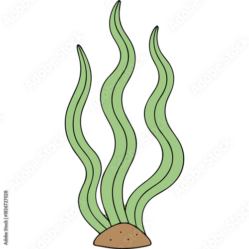 Simple illustration of light green wavy seaweed growing from a brown seabed isolated on a black background
