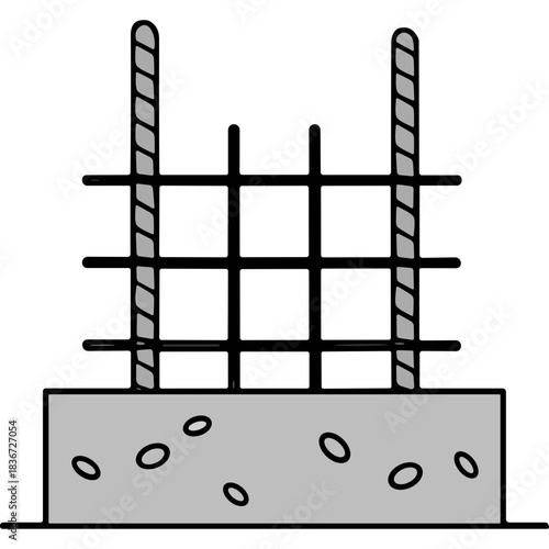 Simple illustration of two twisted ropes anchored to a concrete base with oval inclusions, against a solid black background, schematic diagram for construction or material science