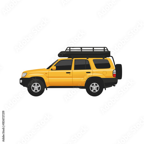 Yellow Sport Utility Vehicle With Roof Rack And Spare Tire Parked Outdoors On A Clear Day
