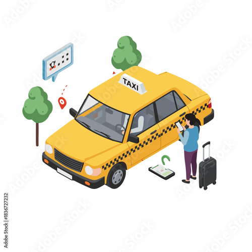 Yellow Taxi Cab Service Isometric 3D Vector Illustration With Woman Booking Ride On Phone And Luggage Ready For Travel