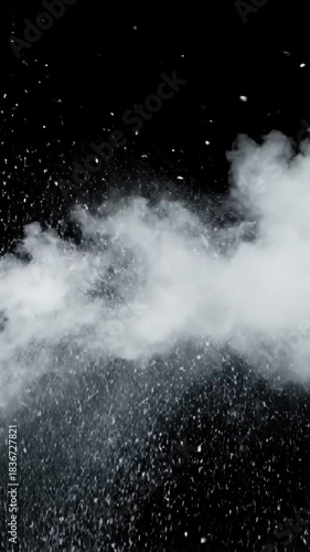 Dynamic Vapor and Particle Effects with steam snow cold wind on black background white smoke blowing distortion, green screen overlay, glitch, static noise, scan lines background, 4k animated video