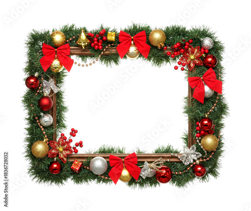 Wallpaper Mural Festive Christmas frame decorated with traditional holiday ornaments, featuring lush green garland, shiny red bows, sparkling gold and silver baubles, and vibrant red berries, creating a joyful border Torontodigital.ca