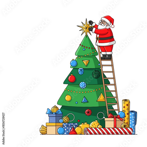 Ilustrasi vektor datar 2D yang hidup menunjukkan Sinterklas berkacamata dengan hati-hati meletakkan bintang emas terakhir di puncak pohon Natal raksasa yang dikelilingi ornamen modern.