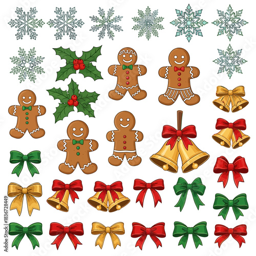 Flat 2D vector grid of isolated Christmas assets—snowflakes, gingerbread, holly, bells, bows—bright colors with clean outlines on white background.