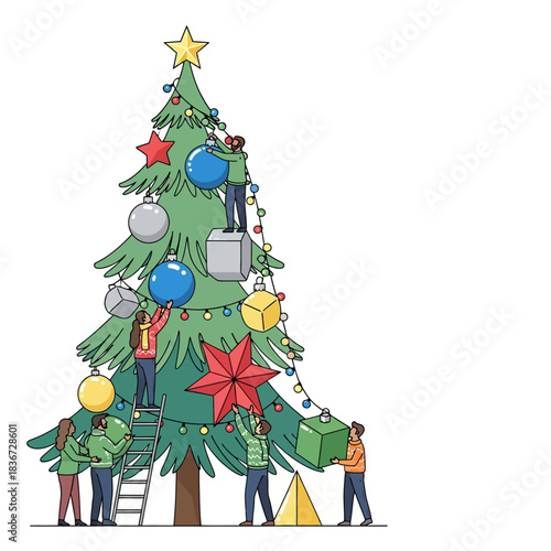 Kolaborasi tim yang beragam menghias pohon Natal pinus bergaya dengan ornamen geometris besar dalam ilustrasi vektor datar 2D yang cerah, menyoroti persiapan liburan dan kerja tim.