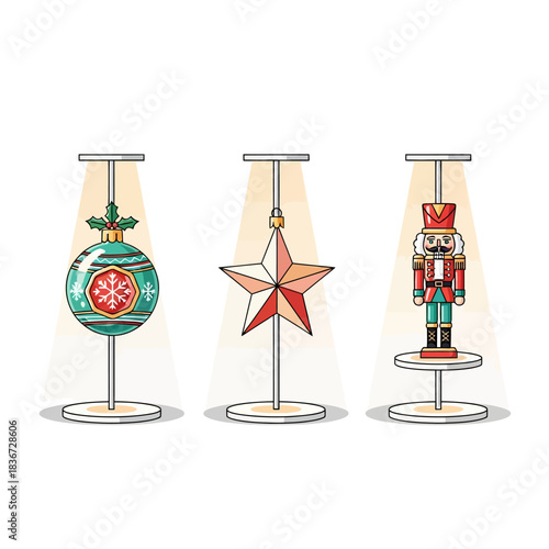 Ornamen Natal bergaya (bola kaca vintage, bintang geometris minimalis, pemecah kacang kayu) pada stan display terisolasi dengan sorot lembut, dalam adegan vektor 2D datar berlatar putih.