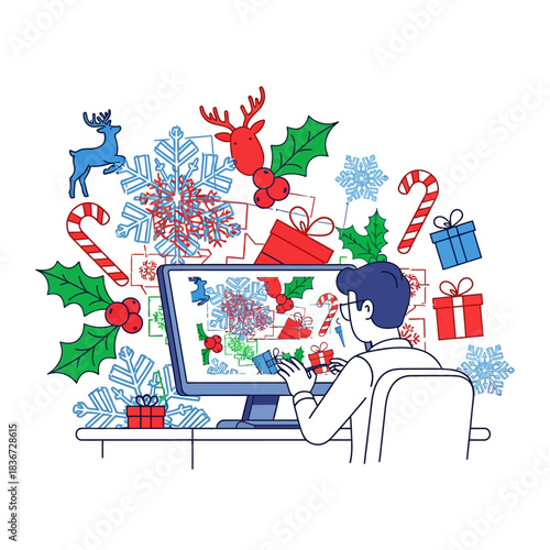 Flat 2D vector illustration of a creative professional character working at a monitor, actively building a vibrant, seamless holiday pattern using traditional festive Christmas icons.