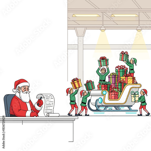 Ilustrasi vektor 2D Flat: Sinterklas teliti memeriksa daftar resminya sementara para peri rajin memuat hadiah terbungkus indah ke kereta luncur berteknologi tinggi di gudang modern Kutub Utara.