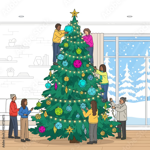 Adegan vektor 2D cerah menggambarkan beragam orang di ruang tamu yang menghias pohon pinus tinggi dengan ornamen Natal geometris unik dan lampu, berlatar jendela besar bersalju.