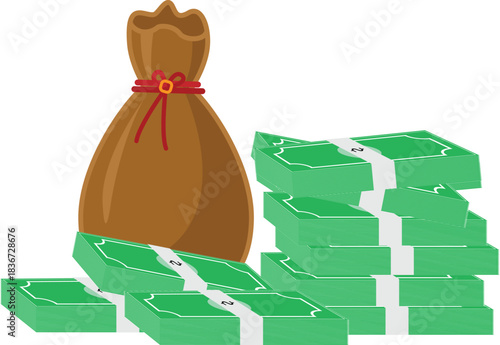 Vector illustration of dollar bill, coin, and money bag, representing money, finance, savings, investment, and business economy