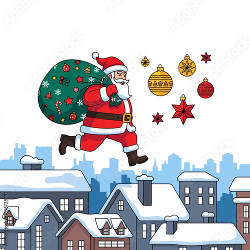 Ilustrasi vektor datar 2D cerah: Santa Claus lincah melompat di atap bersalju, membawa karung hadiah, dikelilingi ornamen Natal mengambang emas dan merah.