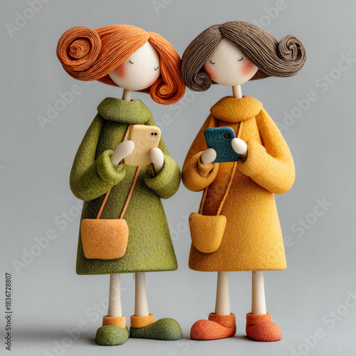 Two dolls are holding cell phones and wearing coats. They are standing next to each other. Scene is casual and relaxed
