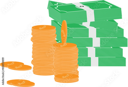 Vector illustration of dollar bill, coin,  representing money, finance, savings, investment, and business economy