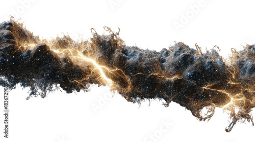 Cosmic nebula discharging electric lightning bolt in deep outer space with stars, abstract energy thunder storm effect, transparent background